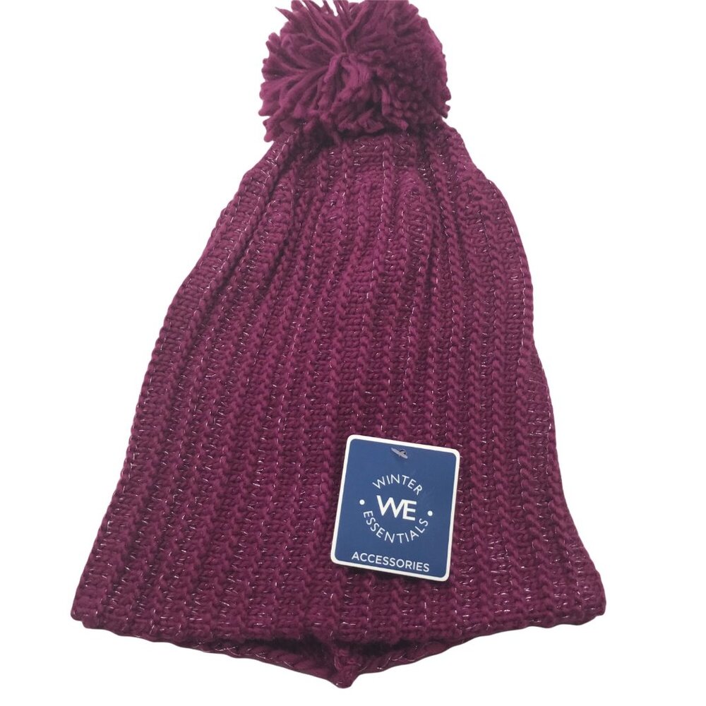 Winter Essentials Women's One Size Burgundy Knit Beanie Hat With Pom New